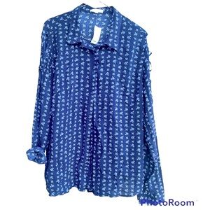 Maurice’s Navy Blue White Floral Vented Sleeve Blouse Size XL NWT